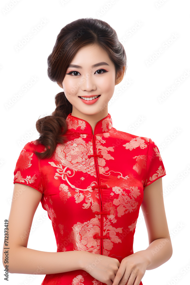 Young Asian beautiful woman in traditional red cheongsam dress very happy, Chinese new year, isolated white background PNG Young Asian beautiful woman in traditional red cheongsam dress very happy, Chinese new year, isolated white background PNG