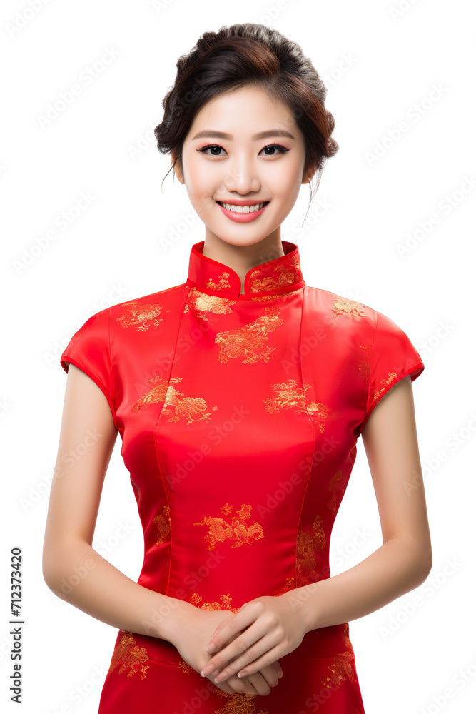 Young Asian beautiful woman in traditional red cheongsam dress very happy, Chinese new year, isolated white background PNG Young Asian beautiful woman in traditional red cheongsam dress very happy, Chinese new year, isolated white background PNG