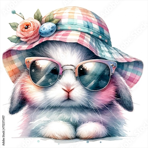 An illustration of an Easter bunny wearing sunglasses and hat , rendered in watercolor style. © AyarosP