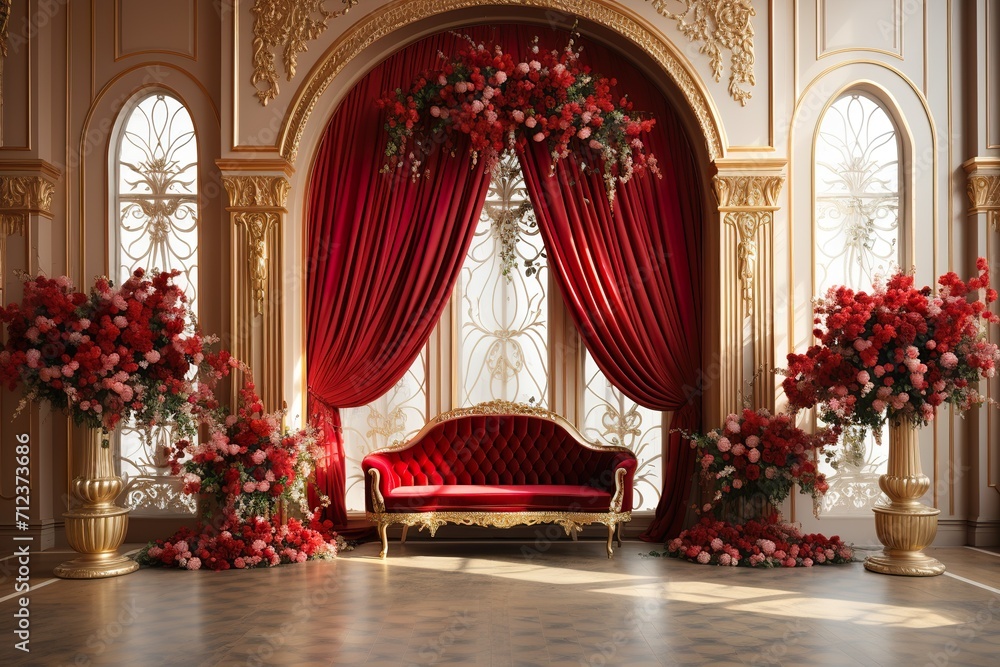 red with golden curtain wedding stage with flowers frames