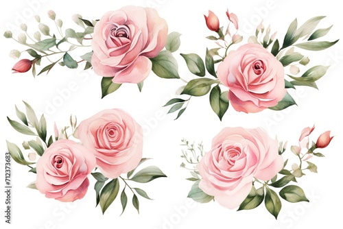 Set watercolor flowers hand painting  floral vintage bouquets with pink roses. Decoration for poster  greeting card  birthday  wedding design. Isolated on white background.