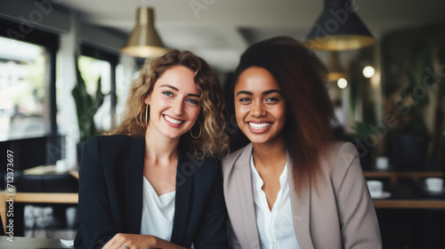 Two diverse and happy businesswomen sharing a moment together, portraying a friendly and professional partnership in a casual setting.