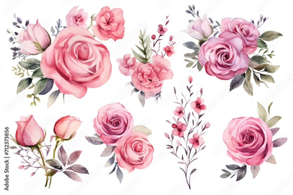 Set watercolor flowers hand painting, floral vintage bouquets with pink roses. Decoration for poster, greeting card, birthday, wedding design. Isolated on white background.