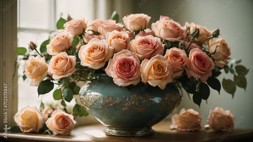 Pink roses on a vas, modern look of valentines day , date with a girl Pink roses on a vas, modern look of valentines day , date with a girl