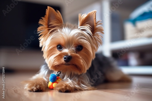A Yorkshire Terrier dog in a kid's room.