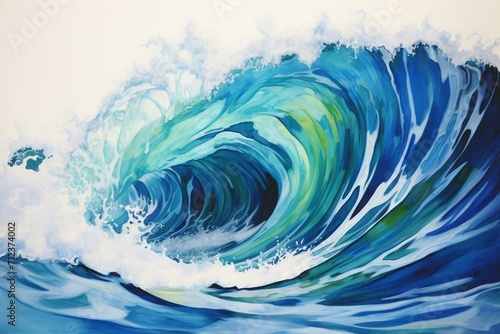 An artwork depicting a vibrant blue and green wave with a white backdrop, featuring a black base at the center. Generative AI