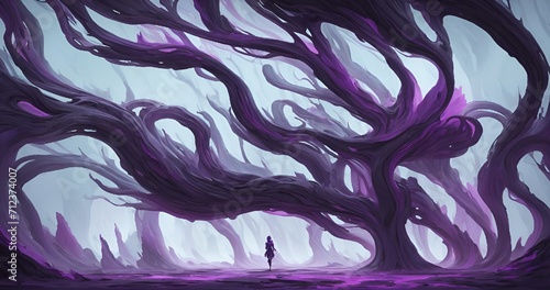 AI generated illustration of a path lined with imposing trees, with branches of purple blossoms
