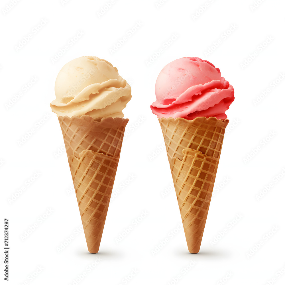 Ice cream scoop and ice cream cone isolated on white background, vintage, png
