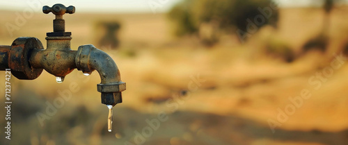 Old Rusty Tap Dripping Water in Dry Arid Landscape Effect from Climate Change Impact