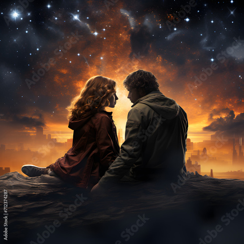 Young lovers stargazing isolated on white background, cinematic, png 