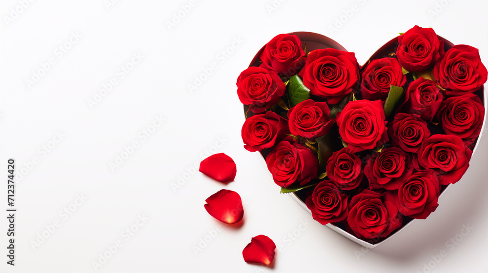 Beautiful bouquet of red roses in a heart shaped box on isolated white background - ai generative