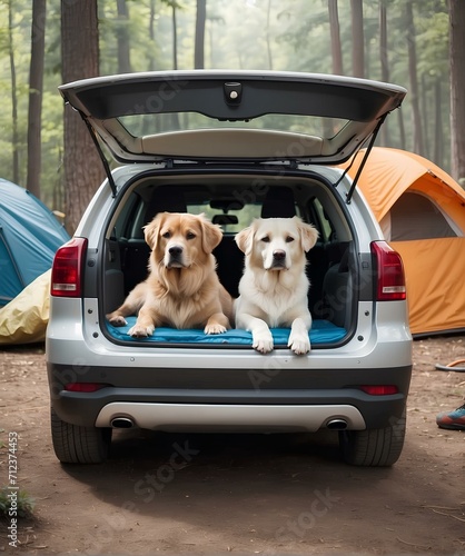 A trip with golden retriever dogs to the forest to sleep in a tent