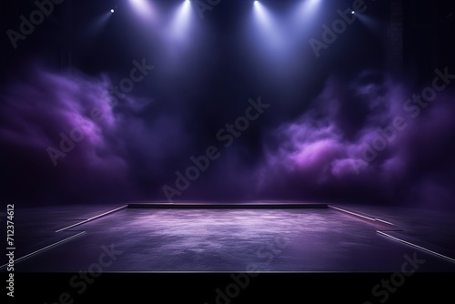 The dark stage shows  dark purple  multicolored background  an empty dark scene  neon light  spotlights The asphalt floor and studio room with smoke float up the interior texture