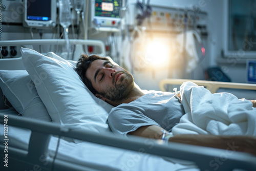Male patient lying tiredly on hospital bed photo