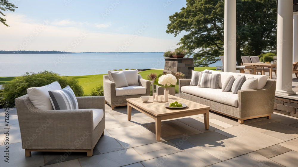 Obraz premium Luxurious outdoor living space with lake view and stylish furniture