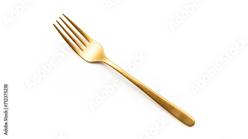 A high-quality image showcasing an elegant golden fork, isolated against a pristine white background, highlighting its sleek design and luxurious appeal.