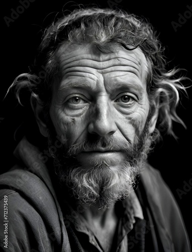A poor old man in a black and white background