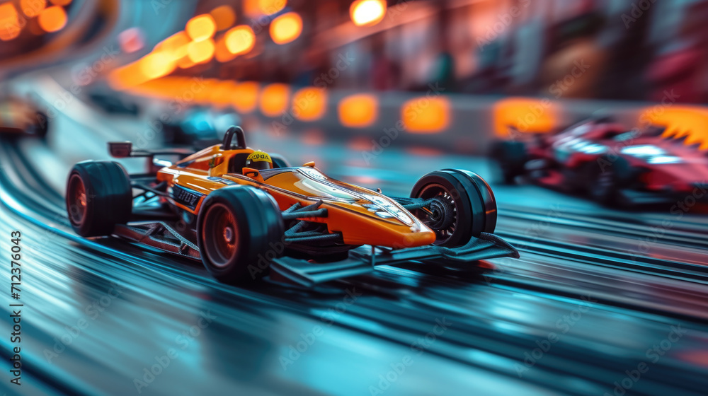 Remote control car race on track with blurred background