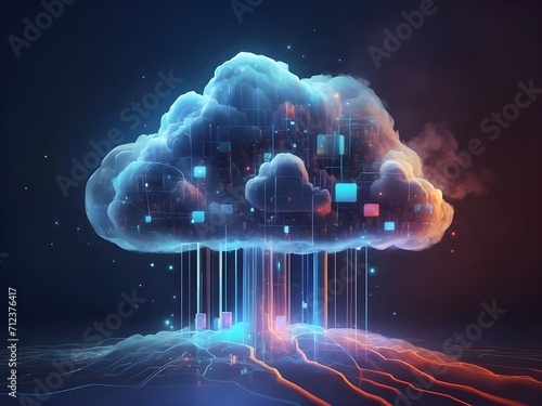 Cloud computing concept, Abstract cloud connection, high speed data transfer, big data on internet futuristic digital technology background.