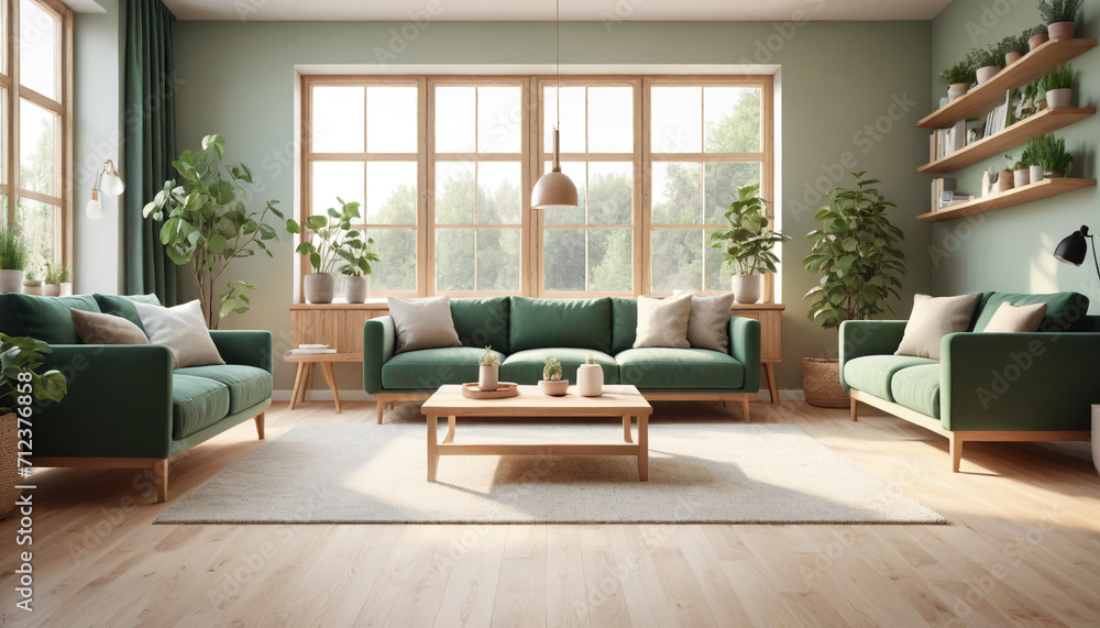 Fototapeta premium Scandinavian-style living room, large windows, abundant natural light, muted colors, wooden accents, cozy textures, minimalist aesthetic, functional furniture, green indoor plants, soft lighting, open