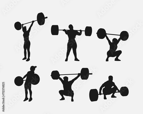 weightlifting silhouette set. male and female athlete, weightlifter, sport. isolated on white background. vector illustration.