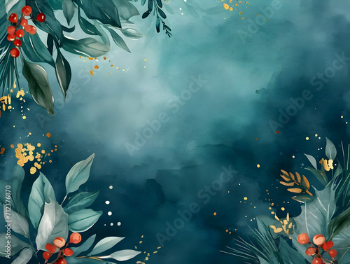 Winter night background with gold-blue leaves and stars and red berries. Watercolor background. High-resolution