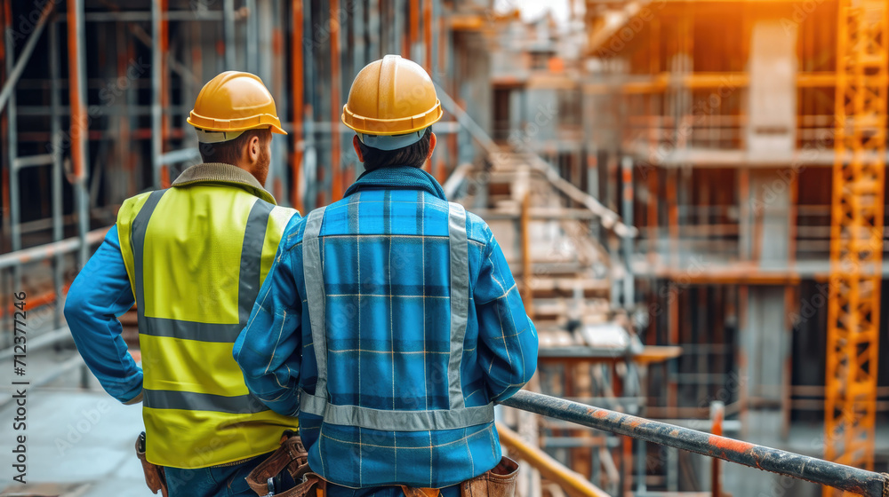 Two construction professionals collaborating on a project, highlighting teamwork and communication Two construction professionals collaborating on a project, highlighting teamwork and communication
