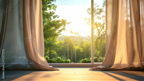 Brown curtains on the window with a pacifying green landscape. Sunny day in the room. High quality photo