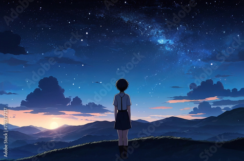 Starry Serenity: Anime-style Background Featuring a Person on a Hill Gazing at the Night Sky. Generative AI.