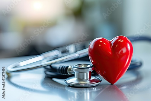 Stethoscope on wooden table symbolizing health and medicine care concept in hospital cardiology diagnosis with red heart shape equipment for treatment examination love and healthcare in clinical photo