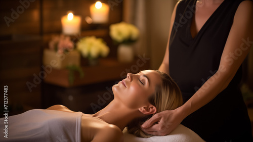 Serene woman receiving a relaxing head massage at a tranquil spa