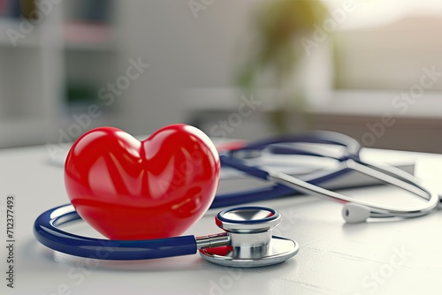 Stethoscope on wooden table symbolizing health and medicine care concept in hospital cardiology diagnosis with red heart shape equipment for treatment examination love and healthcare in clinical
