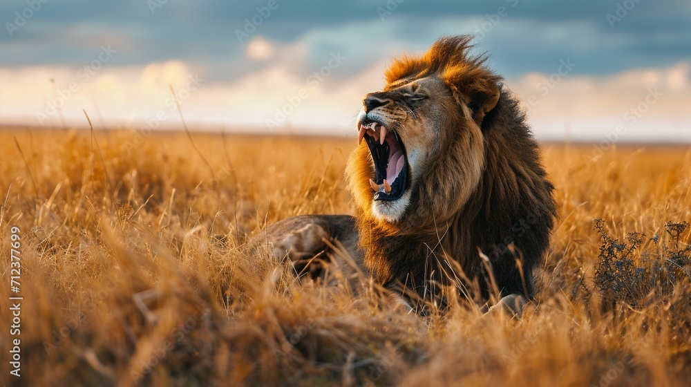 Fototapeta premium A lion roaring in the savannah, evening light. Created with Generative Ai technology.