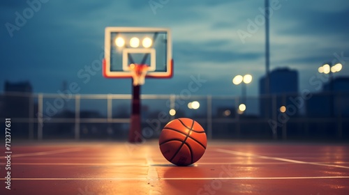 Basketball on the court with the basketball hoop in the background 