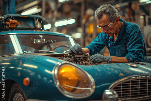 Senior man repair on auto classic car