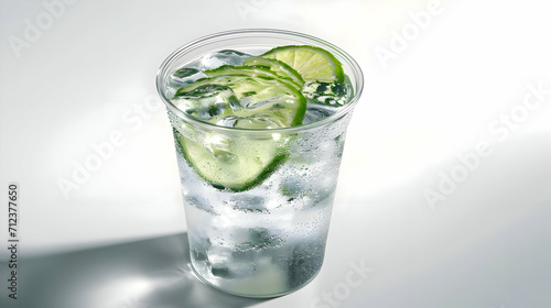 A hyper-realistic photo of a plastic cup with soda, ice cubes, and slices of lime isolated on a white background. High quality