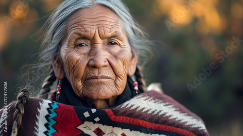 Portrait of American Indian elderly woman in traditional costume.