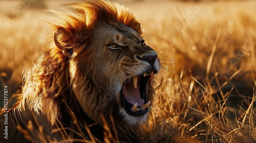 A lion roaring in the savannah  evening light. Created with Generative Ai technology.