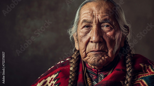 Portrait of American Indian man in traditional costume.