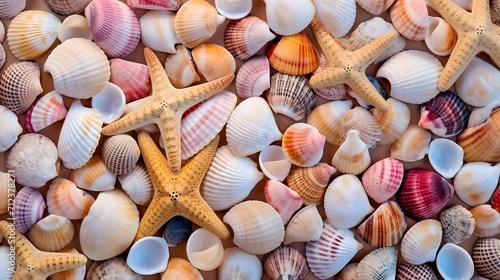 Collection of seashell for background, natural macro texture, top view