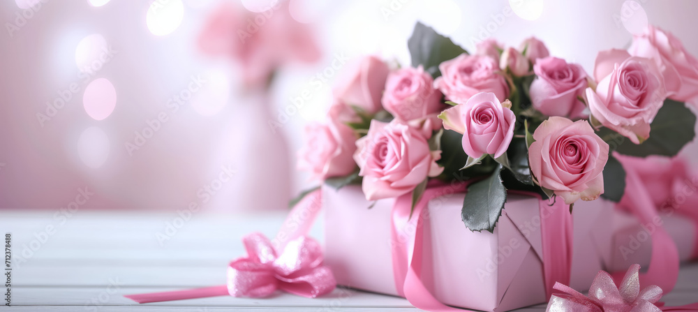 Romantic Blooms: Pink bunch bouquet of roses flowers and gift box for Valentine's Day, Wedding, Birthday Celebration Holiday Greeting Card on Pink Background Romantic Blooms: Pink bunch bouquet of roses flowers and gift box for Valentine's Day, Wedding, Birthday Celebration Holiday Greeting Card on Pink Background