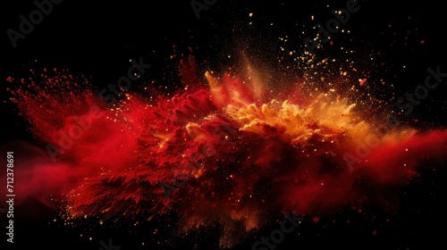 Dynamic explosion of red and gold dust against a dark backdrop. High-Speed Photography: A real-time capture of colored powders photo