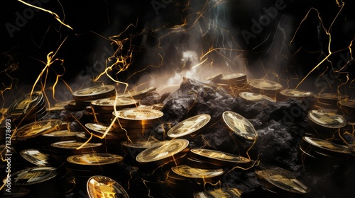 An intense and dramatic depiction of a financial storm with money on fire caught in a tempest of lightning, symbolizing economic turmoil, financial crisis, economic recession market instability photo