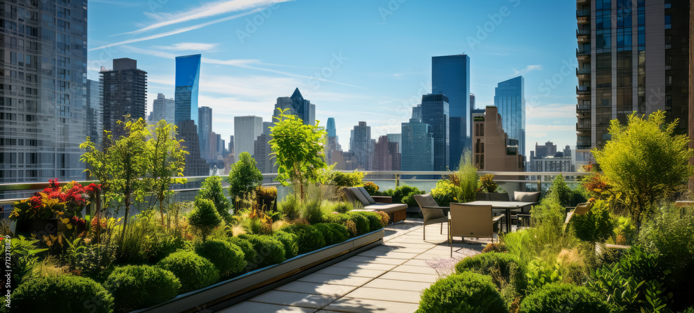 Fototapeta premium Urban oasis rooftop garden amidst city skyscrapers