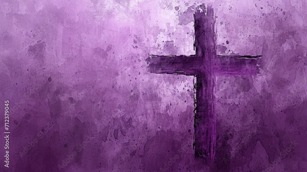 Ash Wednesday themed watercolor artwork showing a simple ash cross on a textured purple background, minimalist and evocative, hand-painted watercolor