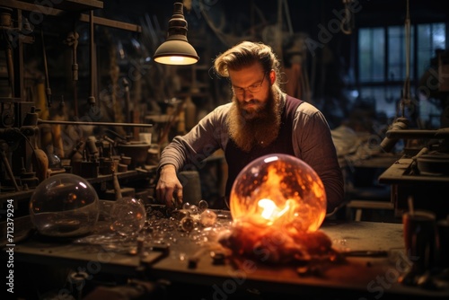 A master glassblower in his workshop for the manufacture of glass products