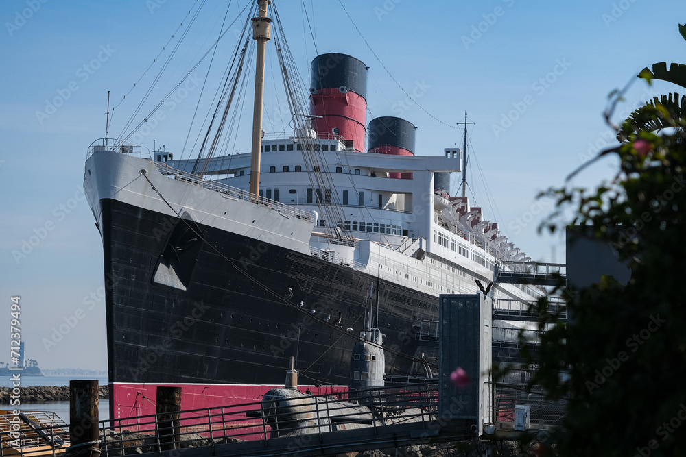 Naklejka premium Historic ocean liner cruiseship cruise ship in port of Long Beach, California USA 