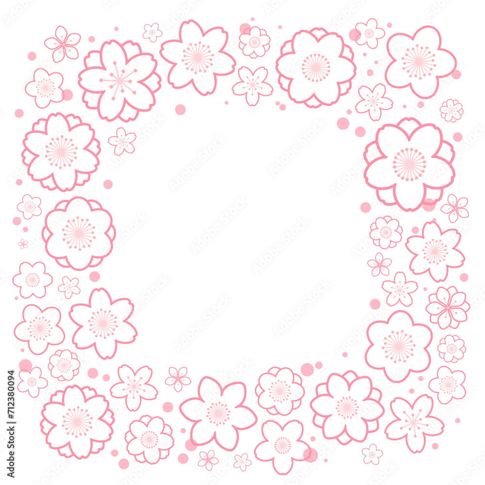 Spring flowers, blossoms, blooms, floral frame. Square border with copy space on transparent background. Line art style vector illustration. Abstract geometric design. Concept seasonal banner