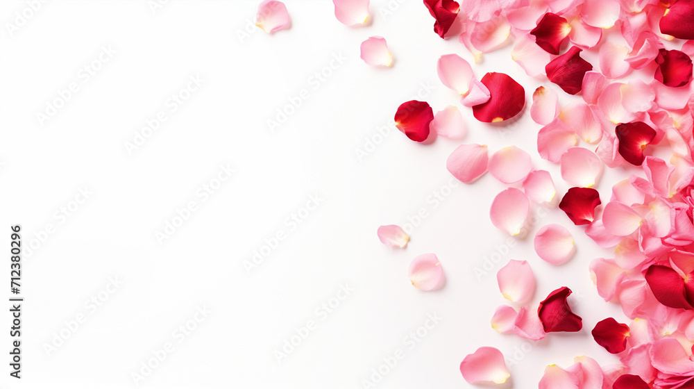Rose petals on isolated white background with copy text space - ai generative