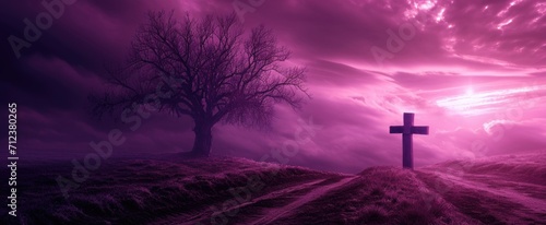 Dramatic Ash Wednesday Banner with Lone Tree and Cross. Conceptual Ash Wednesday image with a tree's shadow casting an ash cross on the ground, surreal purple sky
